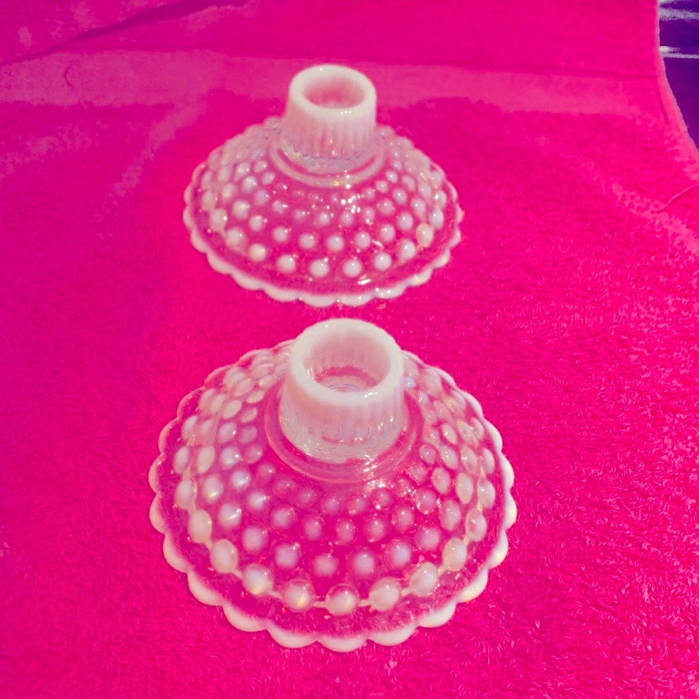 Vintage Pair Fenton Taper Candle Holders x 2 White Opalescent Hobnail Moonstone